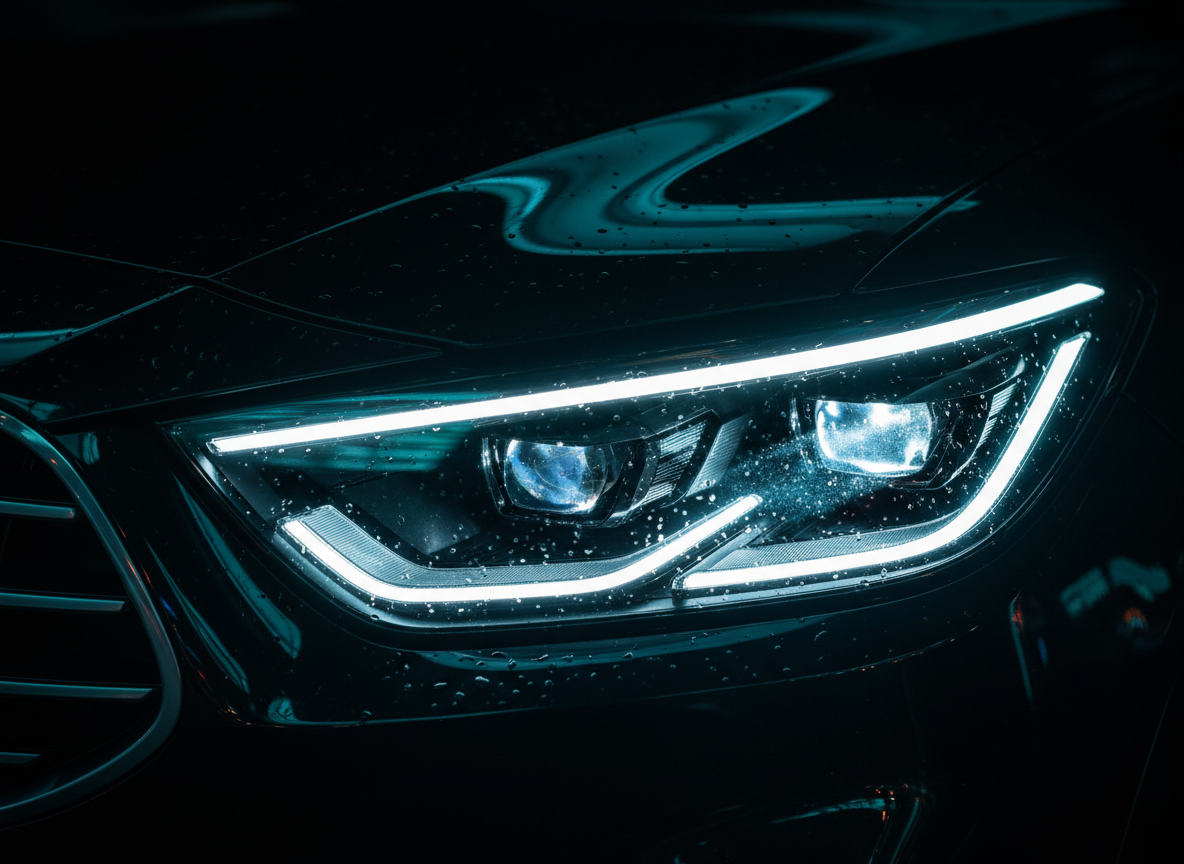 Close-up detail of modern SUV LED headlight and daytime running light signature, glowing crisp light lines, dark glossy body panel, teal reflections, premium automotive macro photography on black